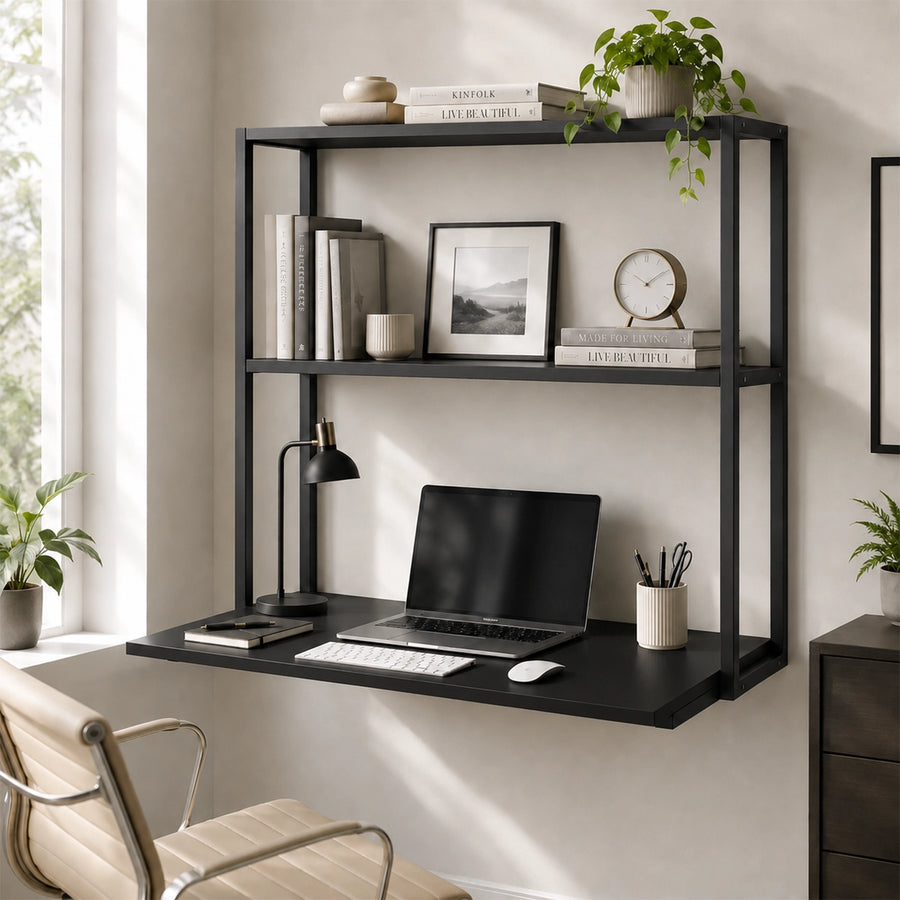 Lukzer Wall Mounted Study Table with Multipurpose Storage Shelves (MMR-007/Black & Black)
