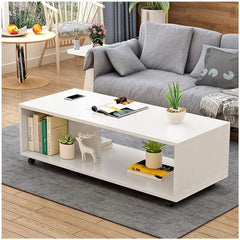Lukzer Engineered Wood Center Table with Wheels Open Storage Organizer (CT-003/White)