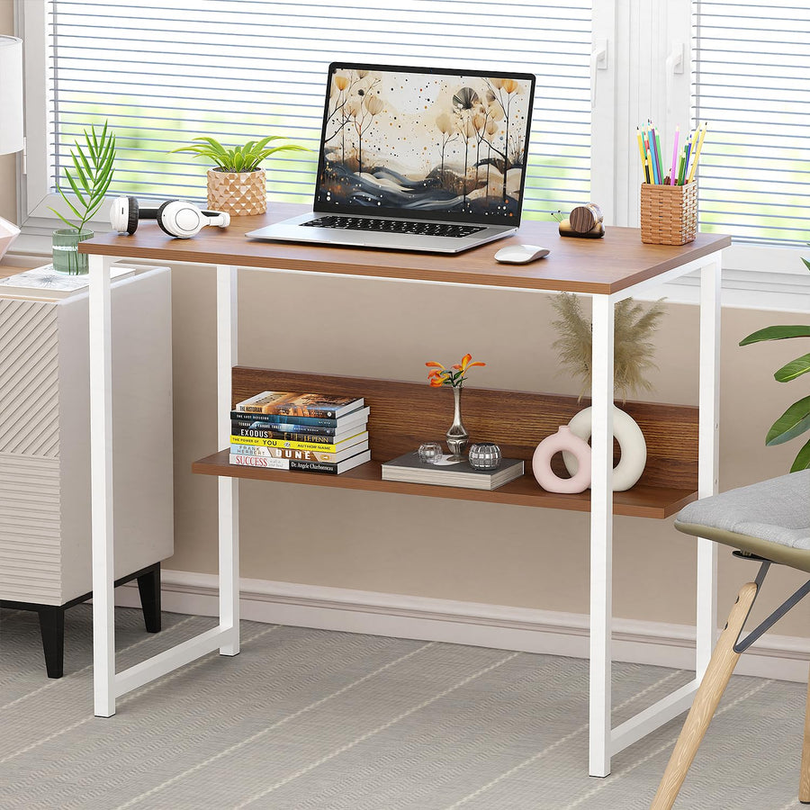 Lukzer Engineered Wood Office & Study Table with Open Bookshelf & Organiser (MST-004/White & Oak Brown)