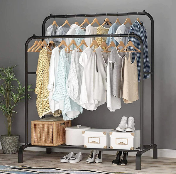 Lukzer Metal Cloth Stand with 2 Hanging Rods & Storage Shelf (MGS-002/Black)