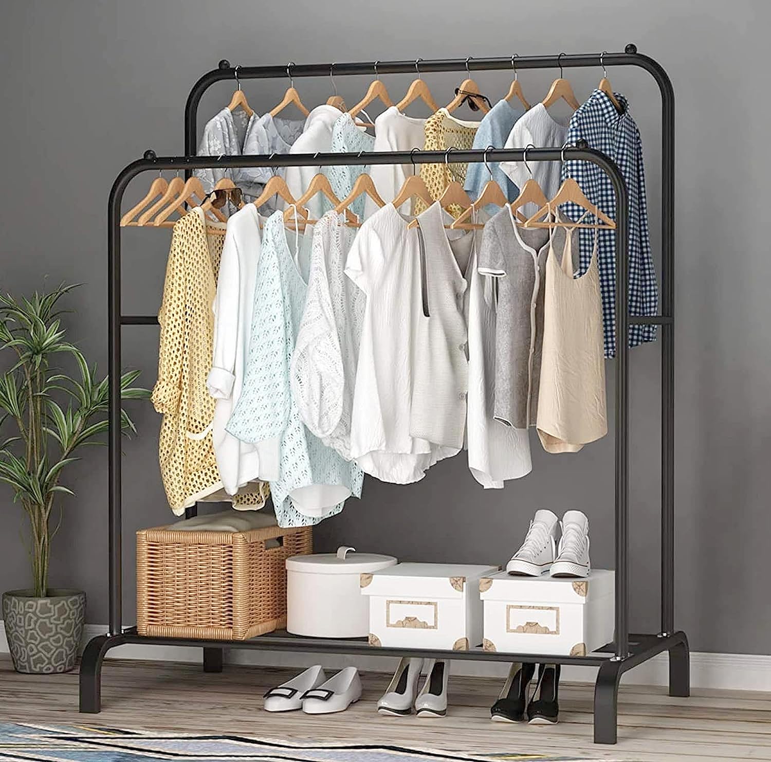 Lukzer Metal Cloth Stand with 2 Hanging Rods & Storage Shelf (MGS-002/Black)