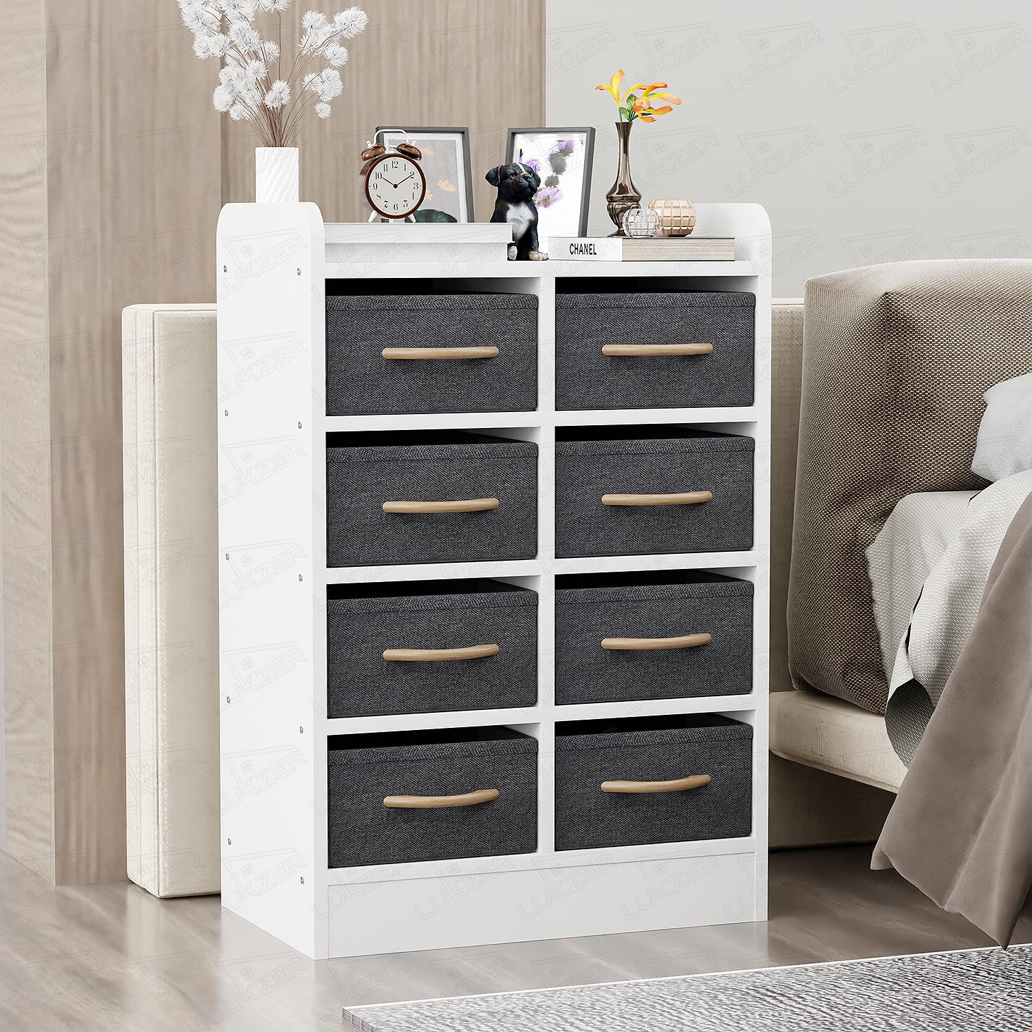 Lukzer 8 Drawer Engineered Wood Storage Organizer Cabinet with Fabric Bins (MR-028/White)