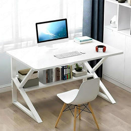 Lukzer Modern Engineered Wood Computer Desk with Bookshelf White Top & White Frame (MST-001)