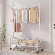 Lukzer Heavy-Duty Portable Metal Clothes Rack with Single Rod & Bottom Shelf (MGR-001/White)