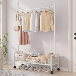 Lukzer Heavy-Duty Portable Metal Clothes Rack with Single Rod & Bottom Shelf (MGR-001/White)