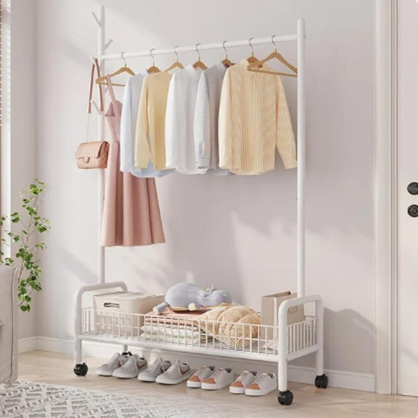 Lukzer Heavy-Duty Portable Metal Clothes Rack with Single Rod & Bottom Shelf (MGR-001/White)