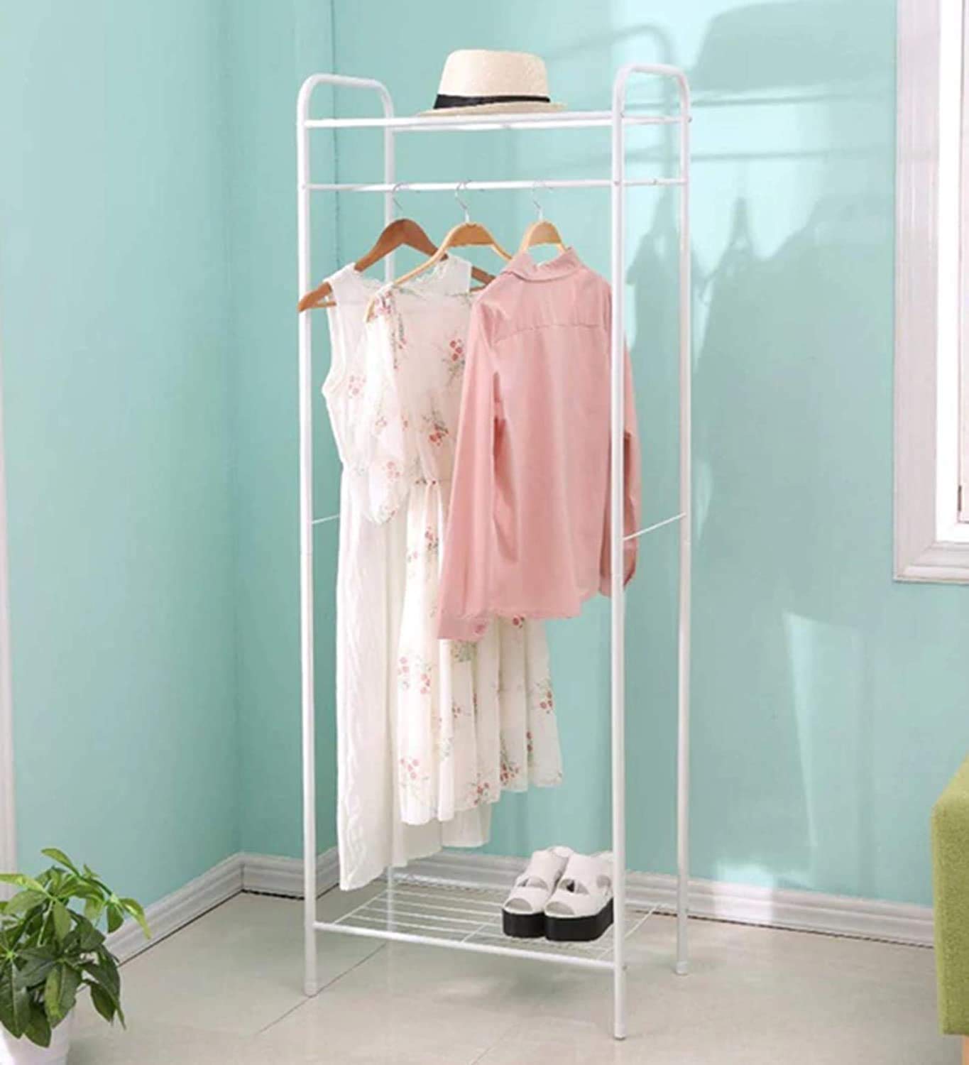 Lukzer Space-Saving Garment Stand with Shelves – Durable Metal Frame (Black/White, 163x60x35cm)