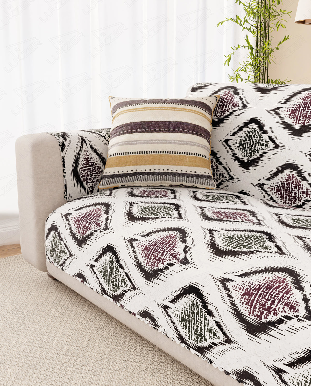 Lukzer Quilted Reversible Ikat Rose Sofa Mat with WaveEdge Ultrasonic Cut (WITH BACK & HAND REST) - SC-203-01WB