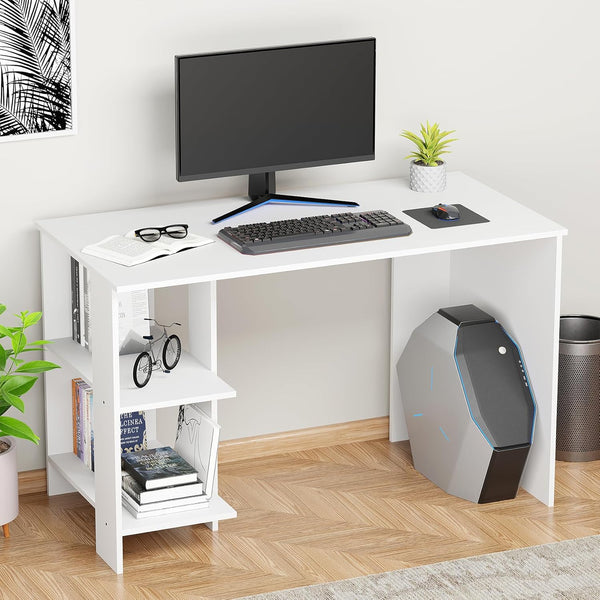 Lukzer Engineered Wood Study & Computer Table Office Desk with Bookshelf (ST-007/ White)