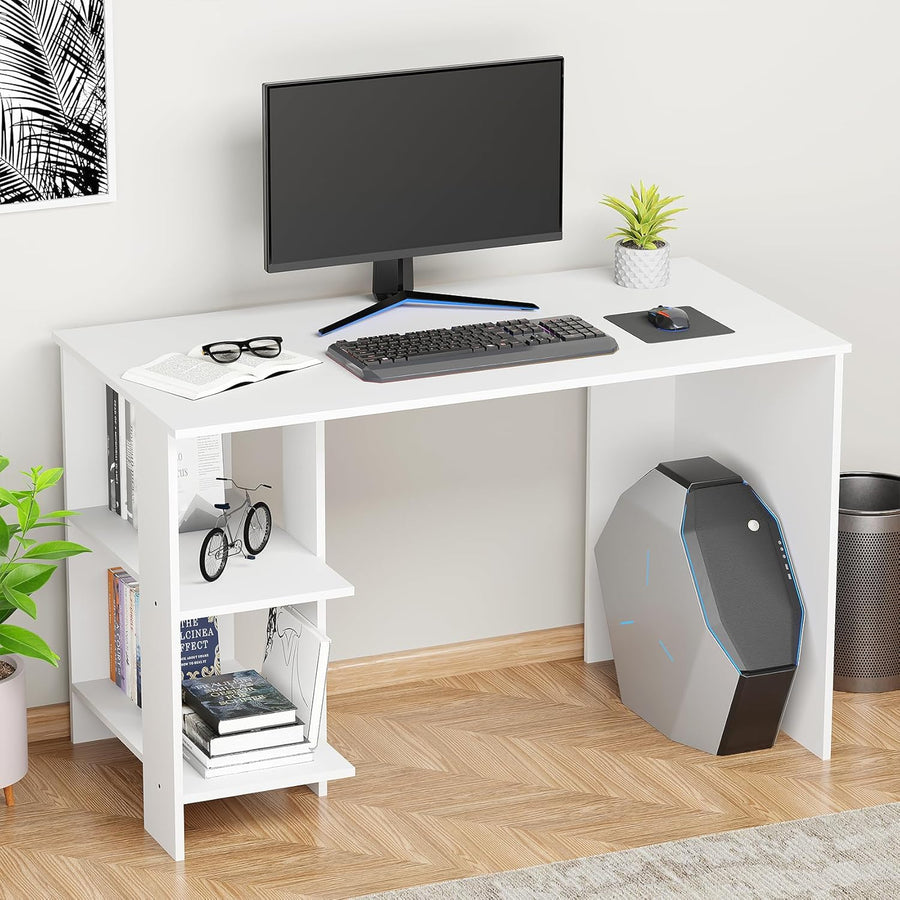 Lukzer Engineered Wood Study & Computer Table Office Desk with Bookshelf (ST-007/ White)