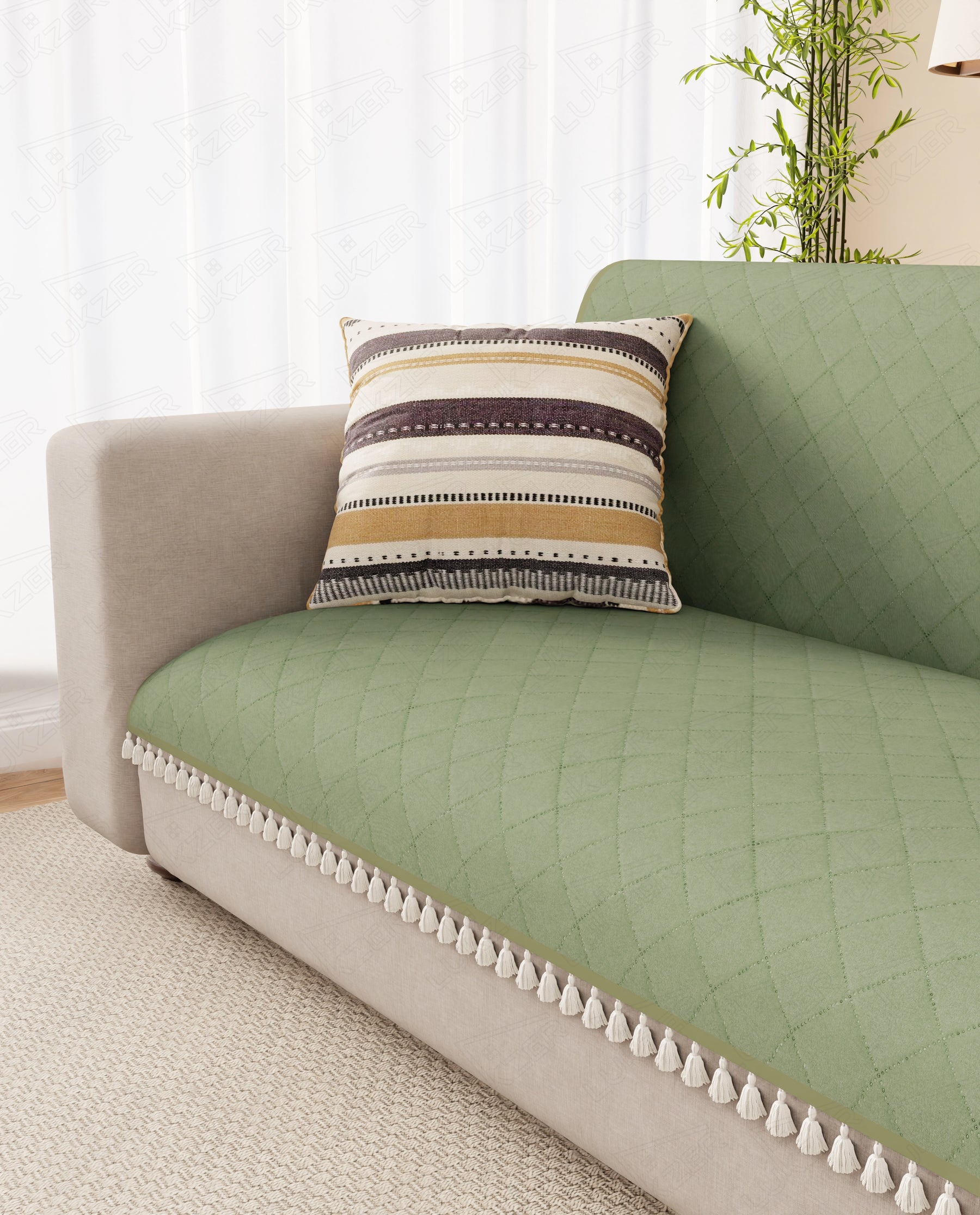 Lukzer 2 Seater Quilted Sofa Cover Mat with Tassels - Mint Green - SC-199-02T