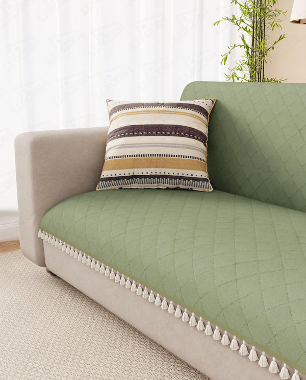 Lukzer 5 Seater Quilted Sofa Cover Mat with Tassels - 3+1+1 Seat - Mint Green - SC-199-05T