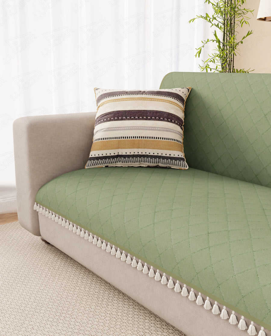Lukzer 5 Seater Quilted Sofa Cover Mat with Tassels - 3+1+1 Seat - Mint Green - SC-199-05T