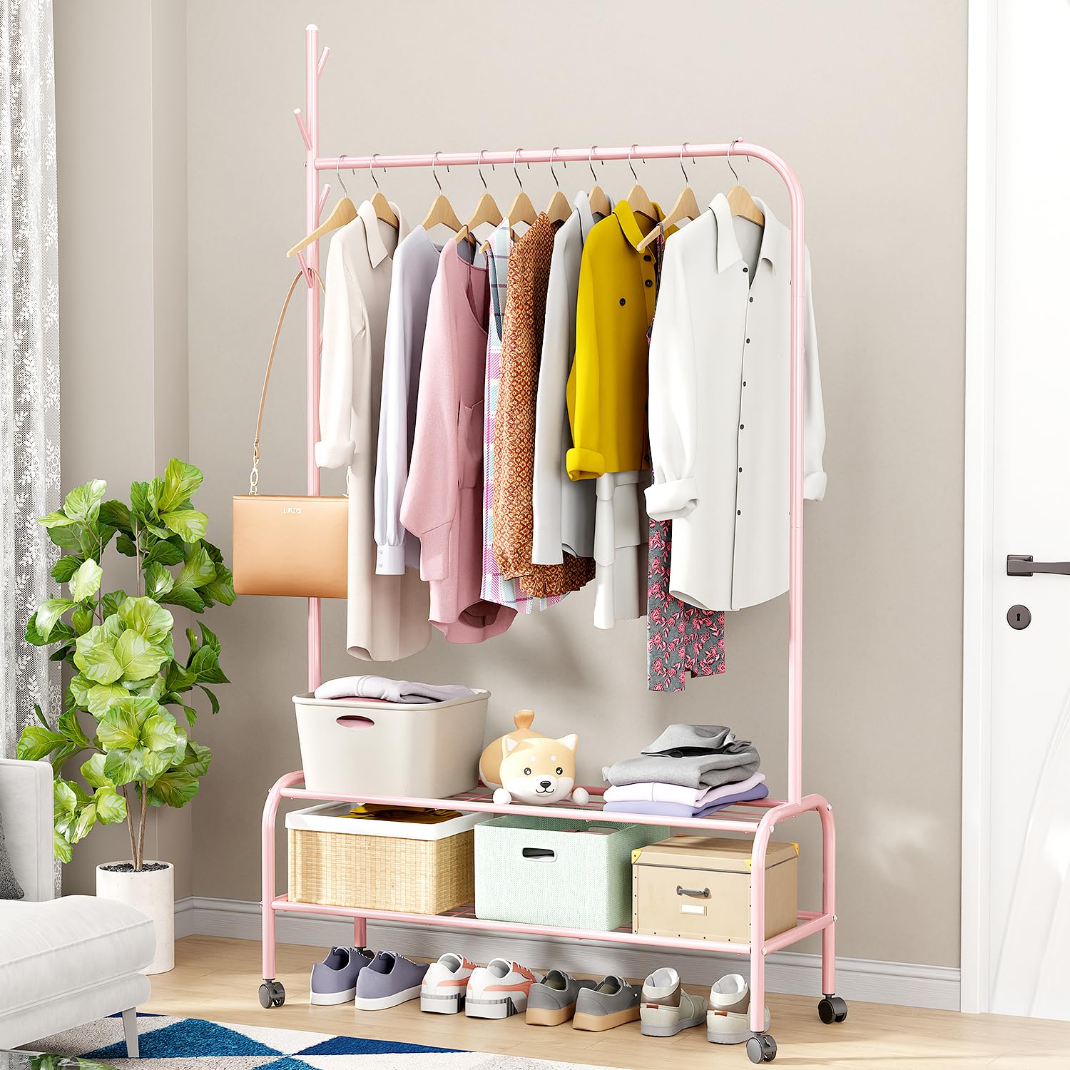 Lukzer Metal Garment Rack with Wheels & Double Bottom Storage Shelves (MGR-006/Pink)
