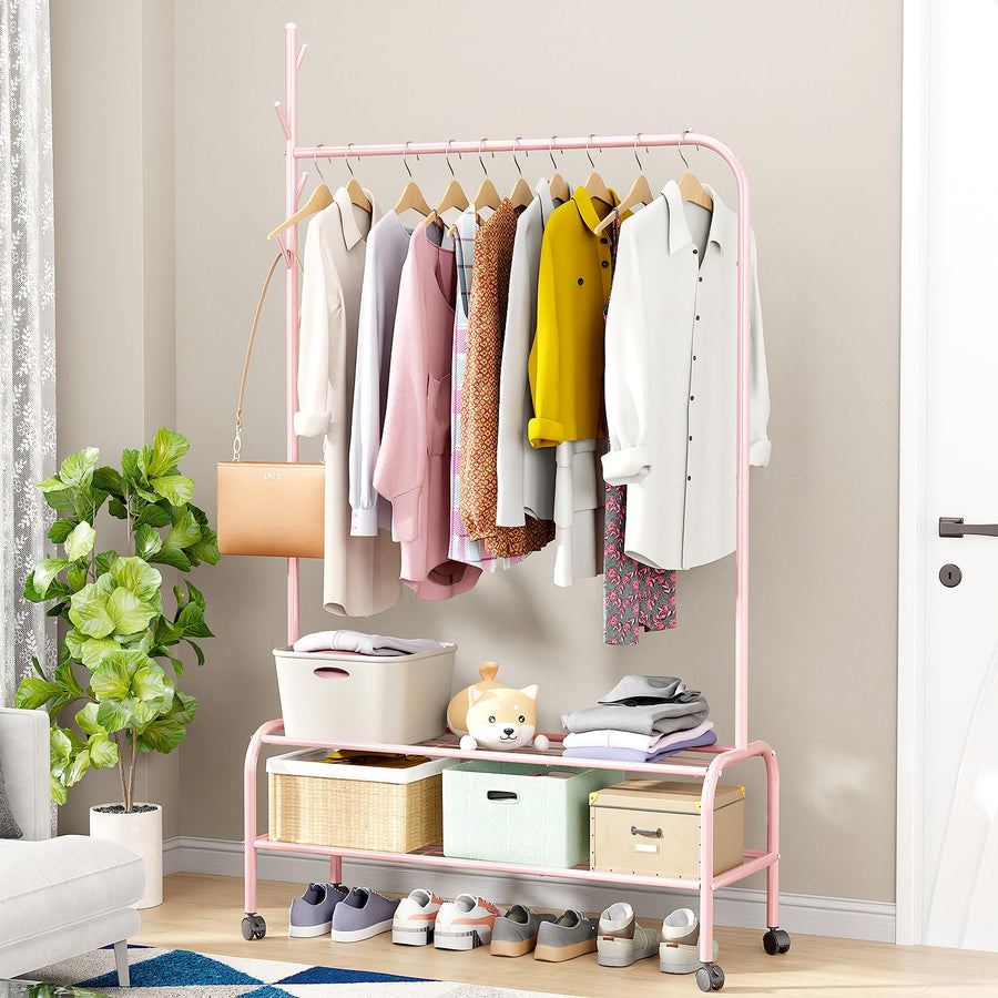 Lukzer Metal Garment Rack with Wheels & Double Bottom Storage Shelves (MGR-006/Pink)