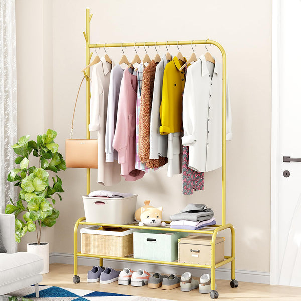 Lukzer Metal Garment Rack with Wheels & Double Bottom Storage Shelves (MGR-006/Gold)