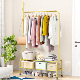 Lukzer Metal Garment Rack with Wheels & Double Bottom Storage Shelves (MGR-006/Gold)