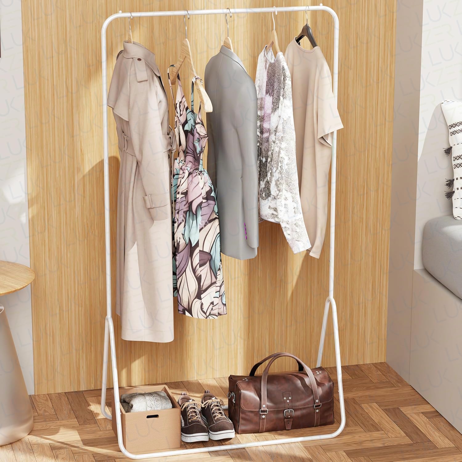 Lukzer Minimalist Single Rod Garment Stand with Coat Hanger – Modern Look (Black/White, 150x81.5x41.5cm)