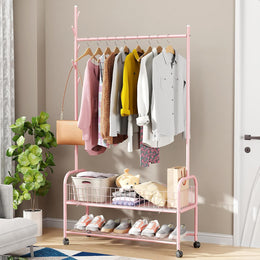 Lukzer Heavy-Duty Portable Metal Clothes Rack with Double Rod & Bottom Shelf (MGR-002/Pink)