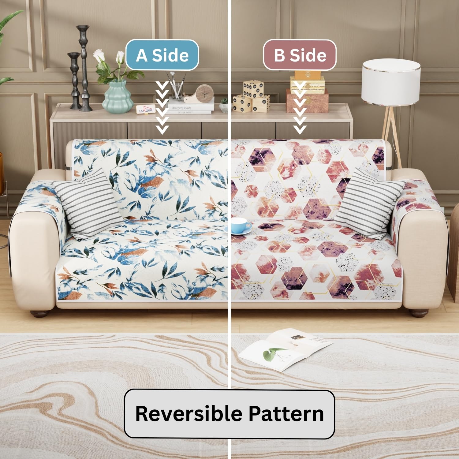 Lukzer Quilted Reversible Sofa Cover Mat with Arms | Polyester Blend 350 GSM Full Coverage &amp; Back Belt for Stability | Washable Furniture Protector.