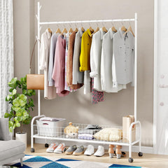 Lukzer Metal Single Rod Clothes Hanging Stand with Bottom Shelf & Lockable Wheels (MGR-003/White)