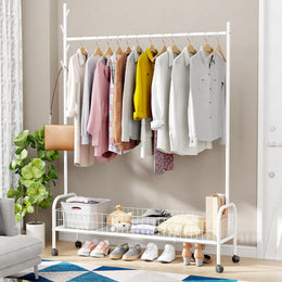 Lukzer Metal Single Rod Clothes Hanging Stand with Bottom Shelf & Lockable Wheels (MGR-003/White)