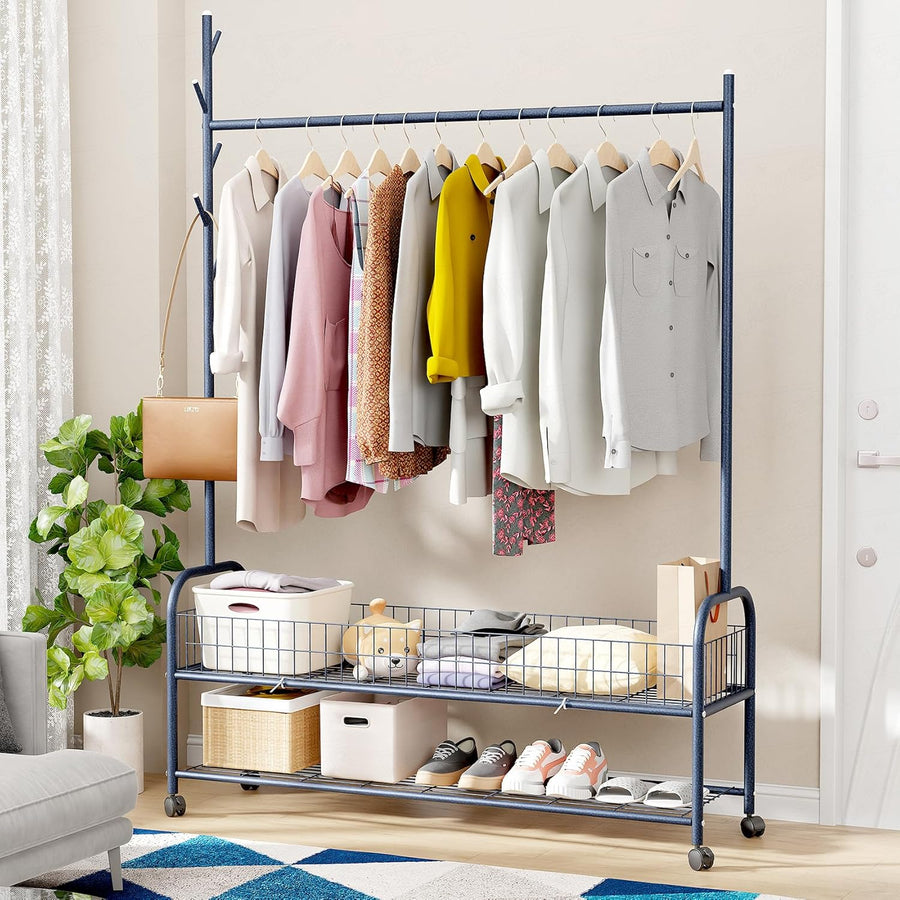 Lukzer Metal Single Rod Clothes Hanging Stand with Double Shelf & Lockable Wheels (MGR-004/Deep Sea)
