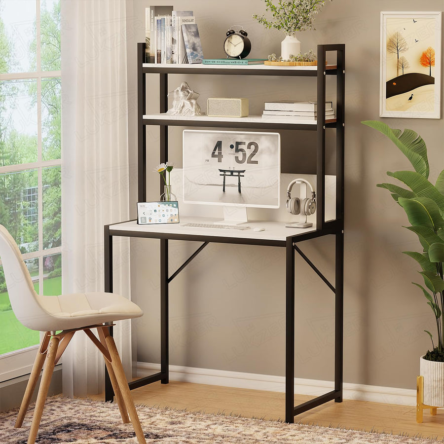 Lukzer 3-Layer Metal & Wooden Computer Desk & Study Table with Bookshelf (MST-006/White)