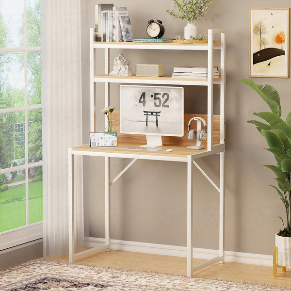 Lukzer 3-Layer Metal & Wooden Computer Desk & Study Table with Bookshelf (MST-006/Oak Light)