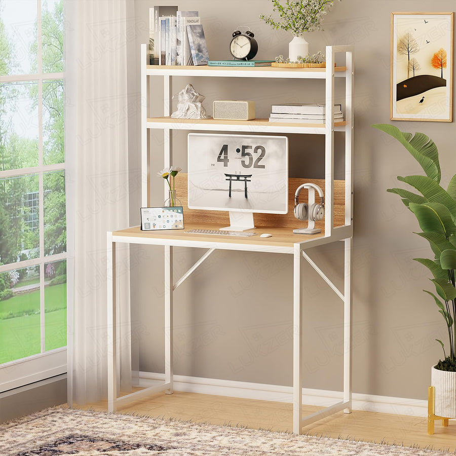 Lukzer 3-Layer Metal & Wooden Computer Desk & Study Table with Bookshelf (MST-006/Oak Light)