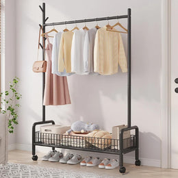 Lukzer Heavy-Duty Portable Metal Clothes Rack with Single Rod & Bottom Shelf (MGR-001/Black)