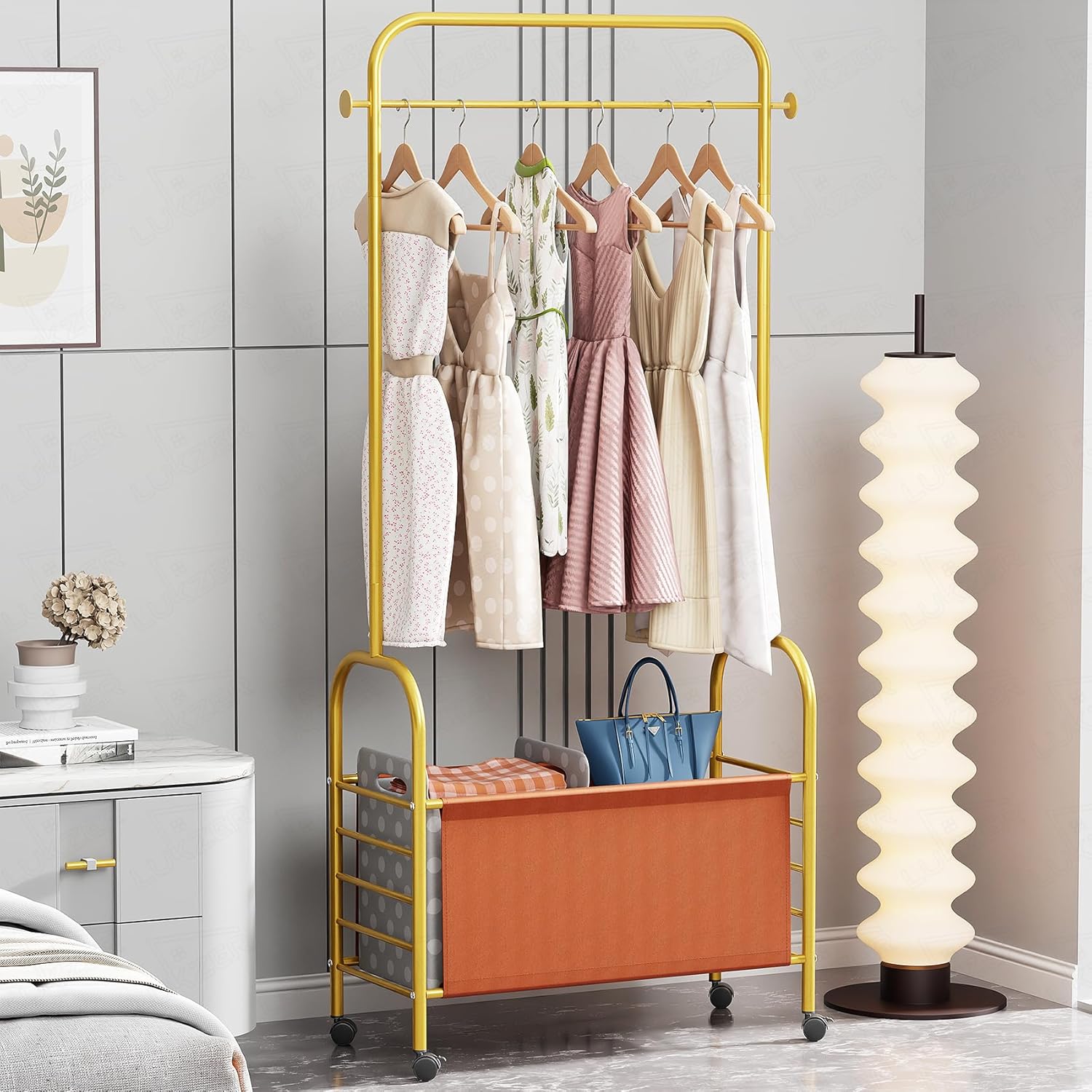 Lukzer Metal Clothes Rail Stand with Leather Storage Bin & Wheels (MGR-009/Gold)