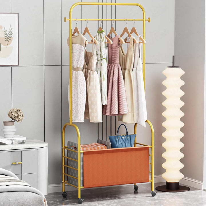 Lukzer Metal Clothes Rail Stand with Leather Storage Bin & Wheels (MGR-009/Gold)