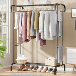 Lukzer MGS-004 Black Metal Garment Stand with Bottom Shelf | Heavy-Duty Clothes Rack
