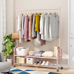 Lukzer Metal Single Rod Clothes Hanging Stand with Double Shelf & Lockable Wheels (MGR-004/Pink)
