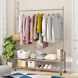 Lukzer Metal Single Rod Clothes Hanging Stand with Double Shelf & Lockable Wheels (MGR-004/Grey)