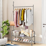 Lukzer Heavy-Duty Portable Metal Clothes Rack with Double Rod & Bottom Shelf (MGR-002/Grey)