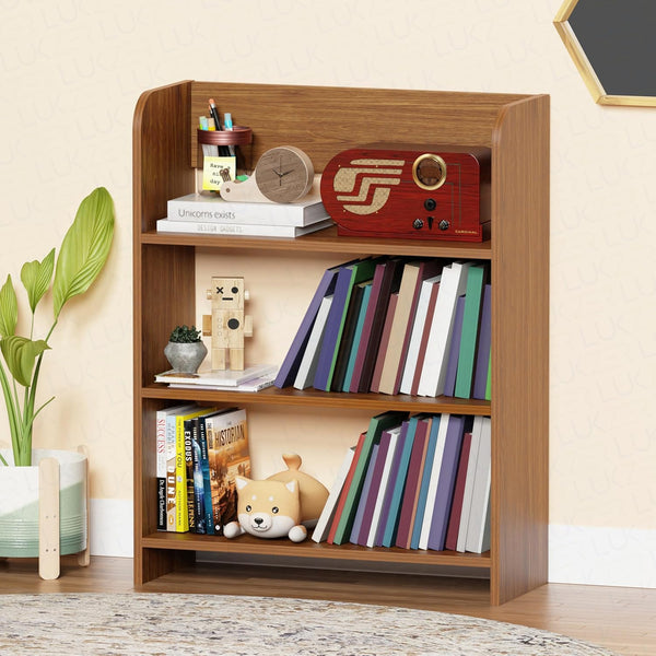 Lukzer 3‑Layer Rounded Edges Engineered Wood Open Rack Cabinet Bookshelf (MR‑016/Oak Brown)