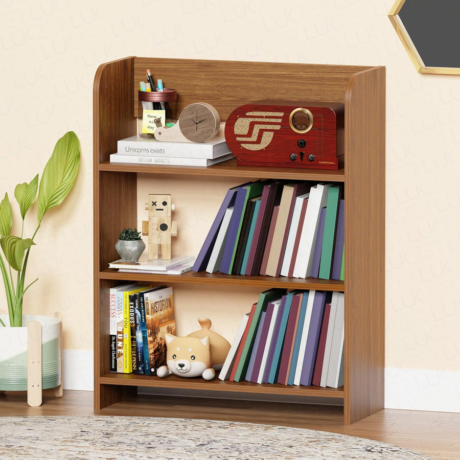 Lukzer 3‑Layer Rounded Edges Engineered Wood Open Rack Cabinet Bookshelf (MR‑016/Oak Brown)