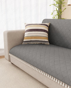 Lukzer 5 Seater Quilted Sofa Cover Mat with Tassels - 3+1+1 Seat - Stone Grey - SC-193-05T