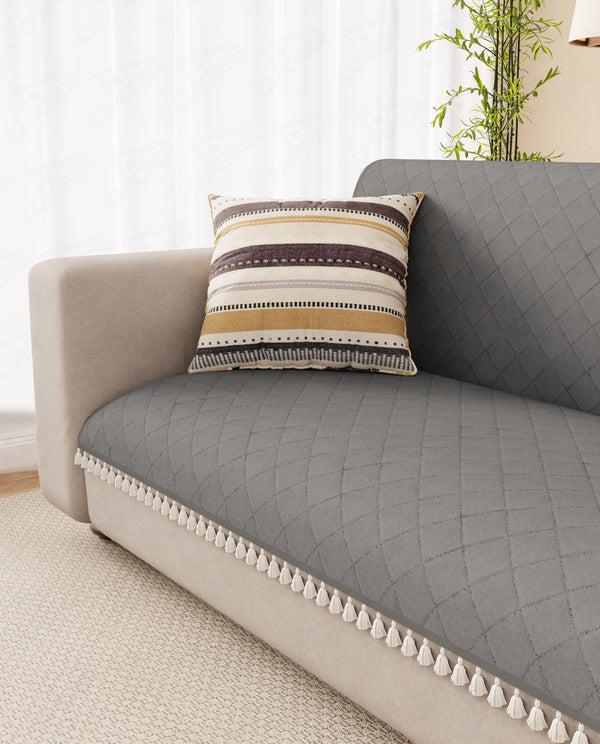 Lukzer 5 Seater Quilted Sofa Cover Mat with Tassels - 3+1+1 Seat - Stone Grey - SC-193-05T