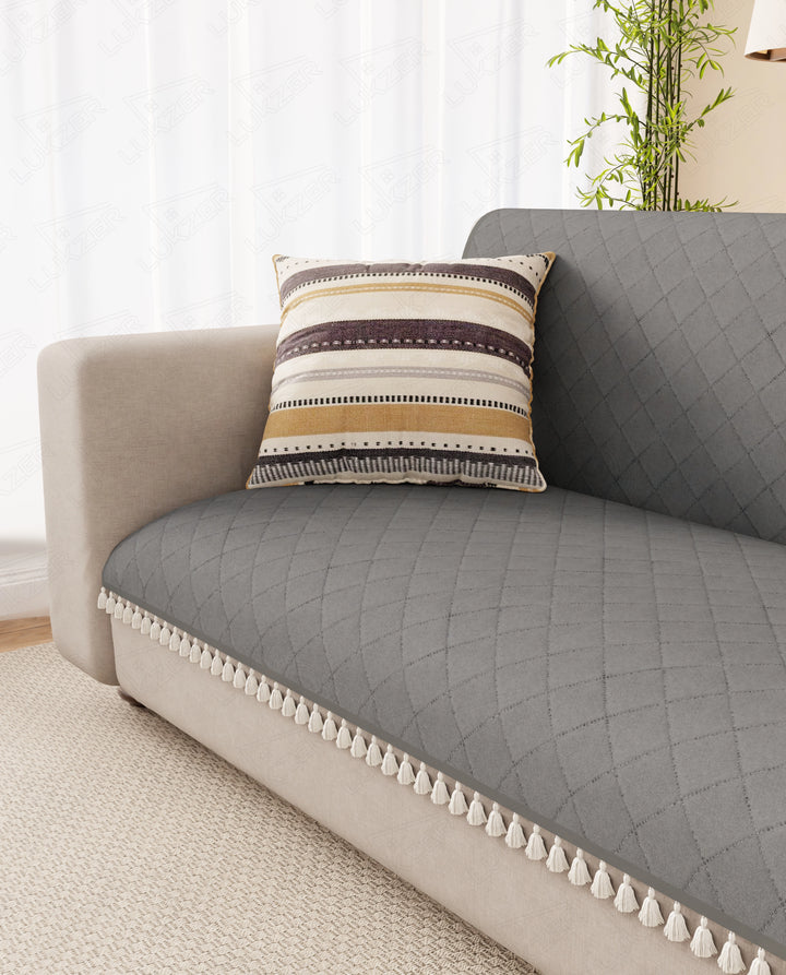 Lukzer 5 Seater Quilted Sofa Cover Mat with Tassels - 3+1+1 Seat - Stone Grey - SC-193-05T