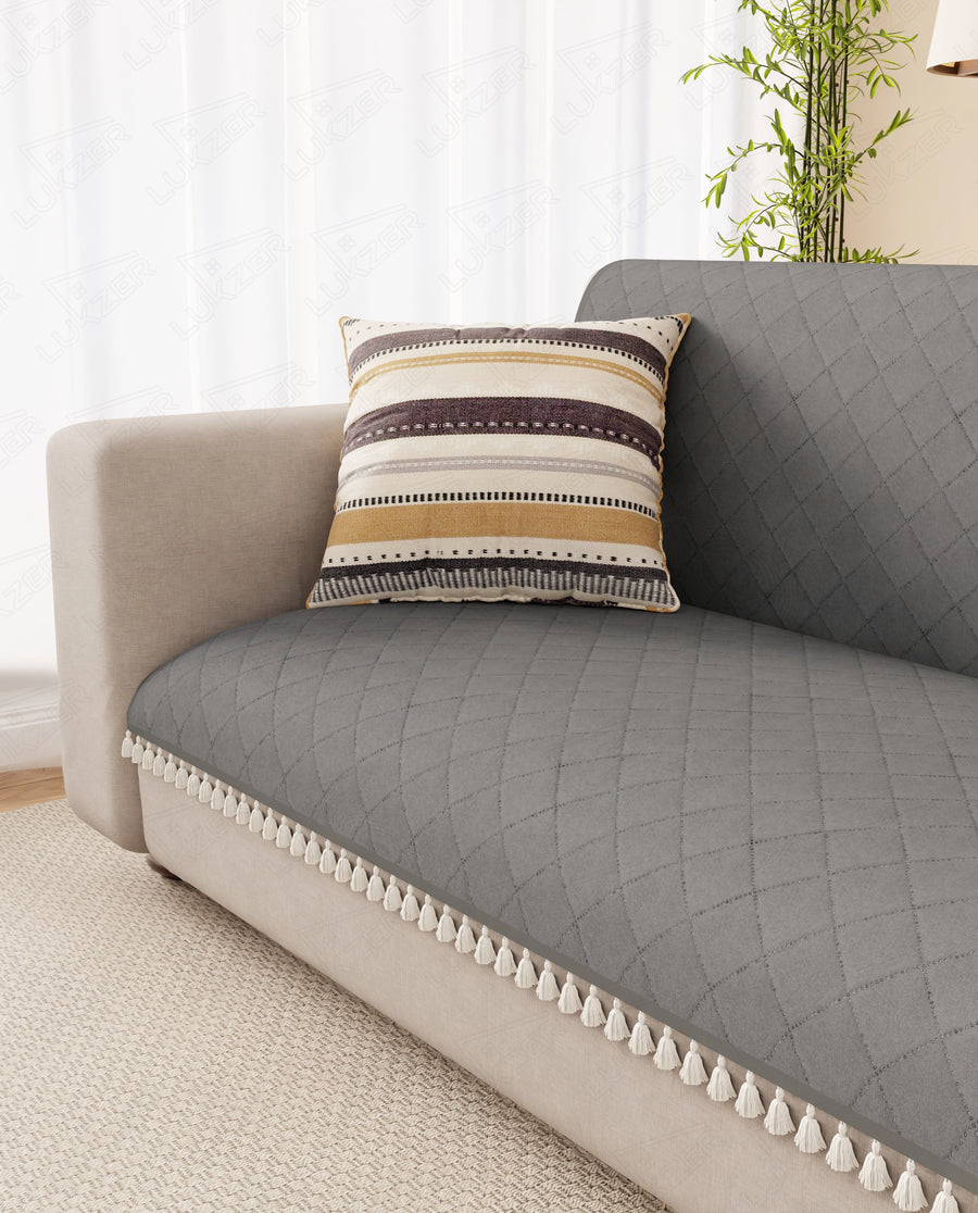 Lukzer 5 Seater Quilted Sofa Cover Mat with Tassels - 3+1+1 Seat - Stone Grey - SC-193-05T