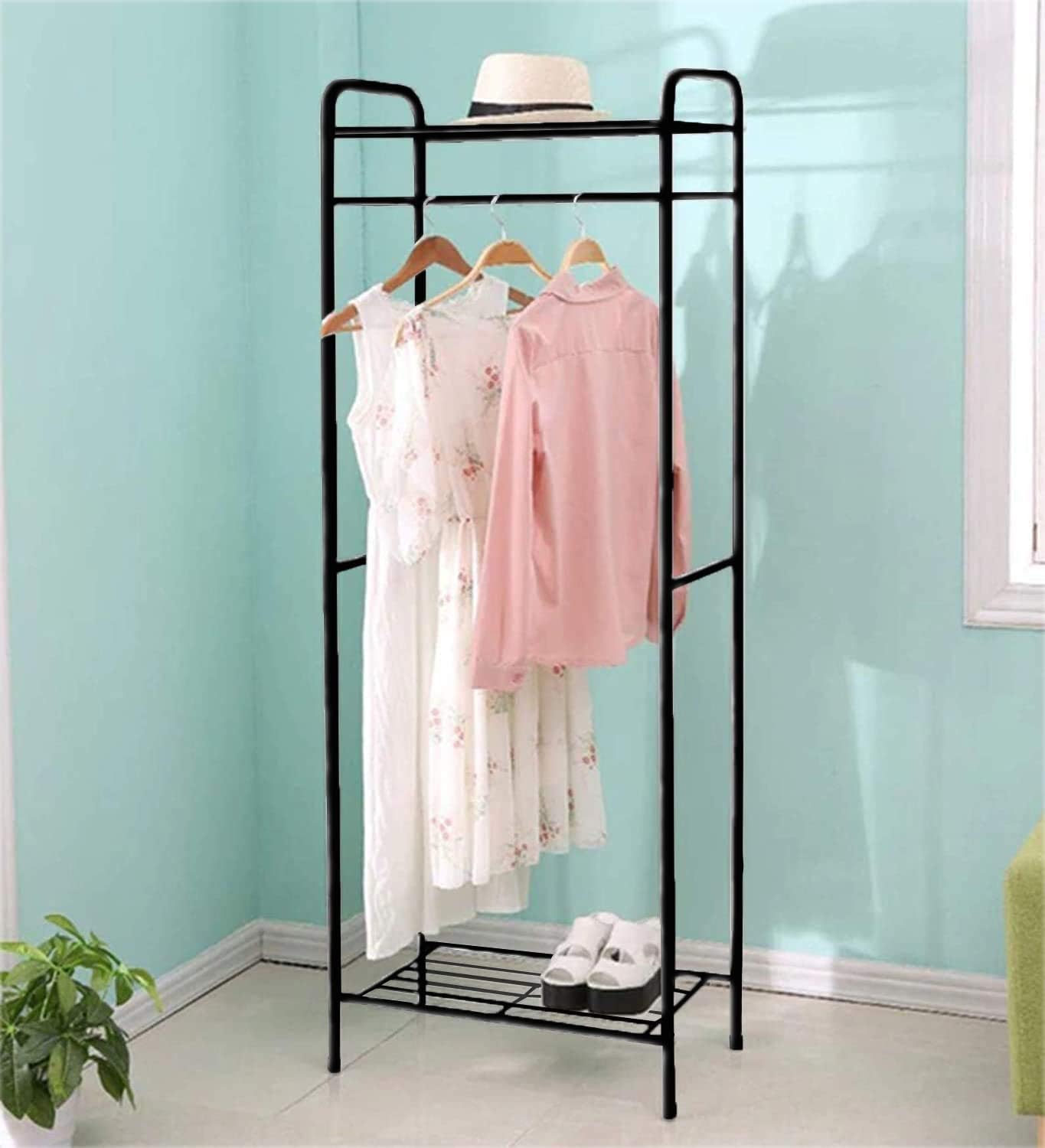Lukzer Space-Saving Garment Stand with Shelves – Durable Metal Frame (Black/White, 163x60x35cm)