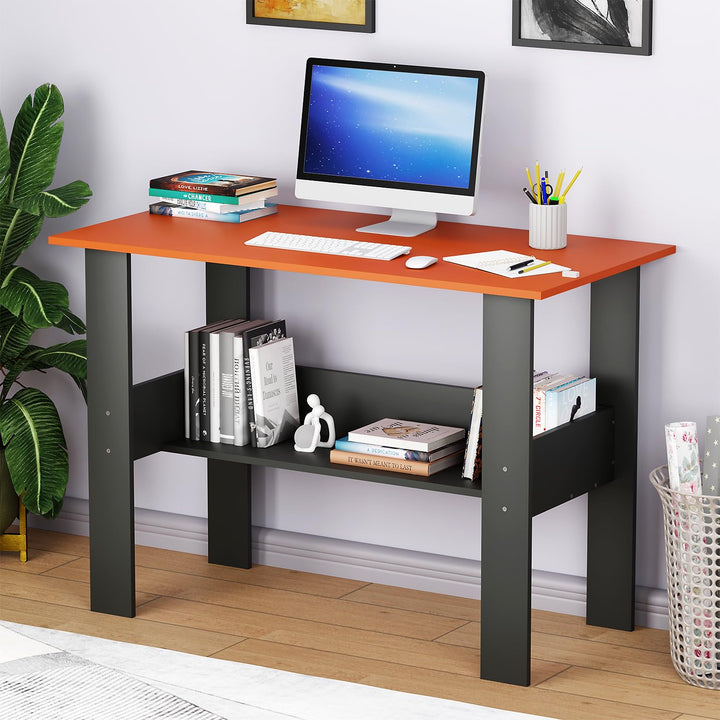 Lukzer Modern Desk with Bookshelf Study Table Made with Engineered Wood (ST-005/Charcoal Ember)