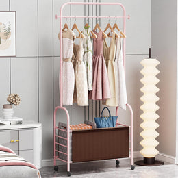 Lukzer Metal Clothes Rail Stand with Leather Storage Bin & Wheels (MGR-009/Pink)