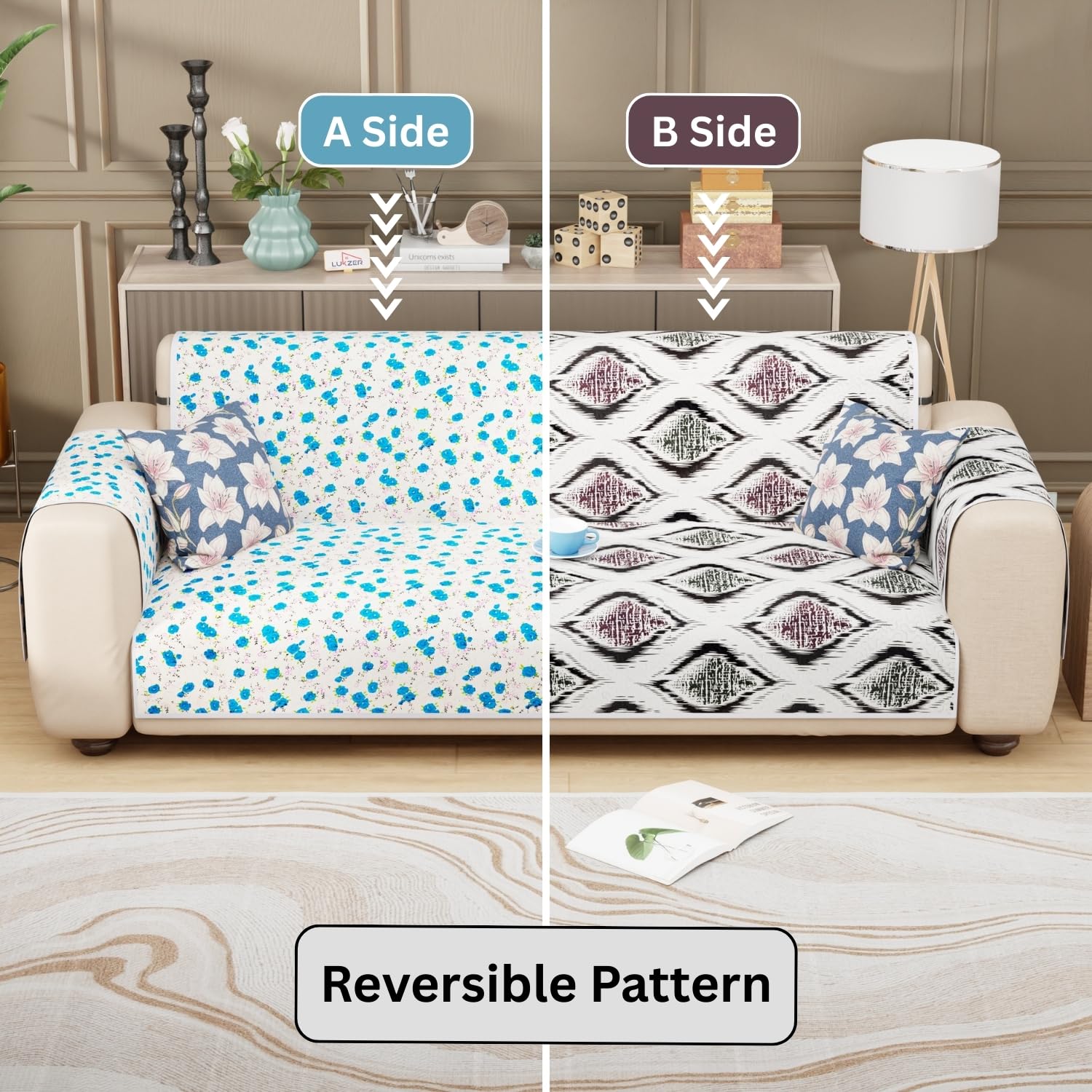 Lukzer Quilted Reversible Sofa Cover Mat with Arms | Polyester Blend 350 GSM Full Coverage &amp; Back Belt for Stability | Washable Furniture Protector.