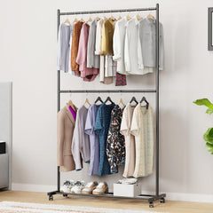 Lukzer Metal Double Rod Cloth Stand with Bottom Shelf & Wheels (MGS-006/Black)