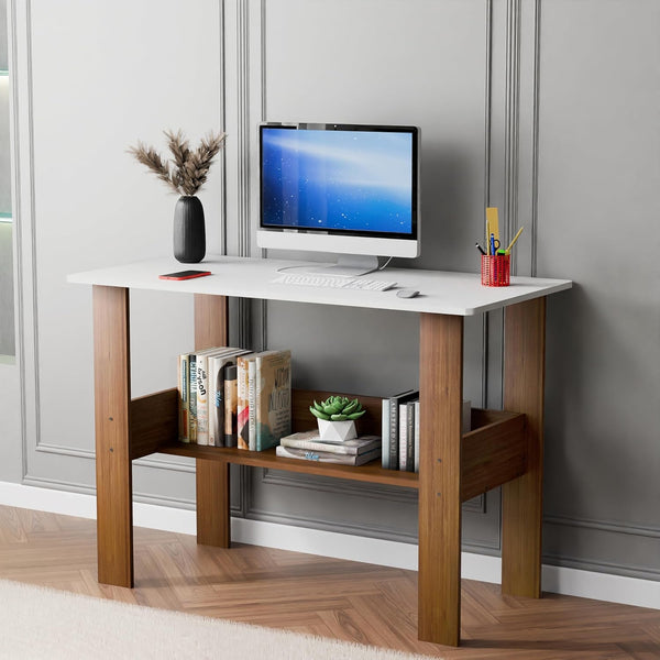 Lukzer Engineered Wood Modern Computer Desk with Bookshelf Study Table (ST-004/Dual Color)