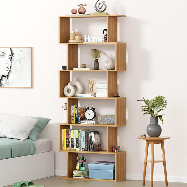 Lukzer 6-Layer S-Shaped Ladder Engineered Wood Open Bookshelf Rack (MR-002, Light Oak)